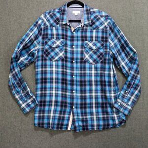 Sun + Stone Plaid Western Shirt Mens XL Long Sleeve Soft Blue Plaid Pearl Snap